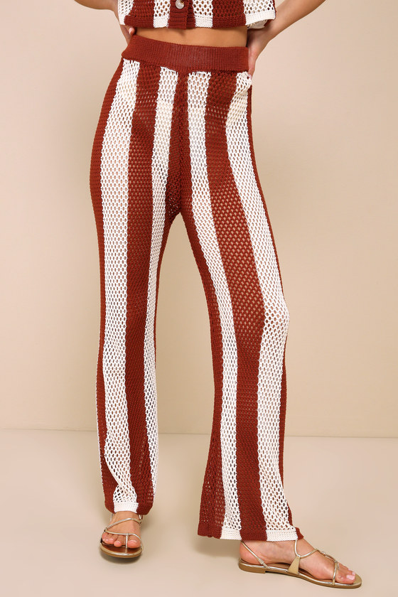 Trendy Oasis Ivory Striped Sheer Crochet High-Rise Pants 2