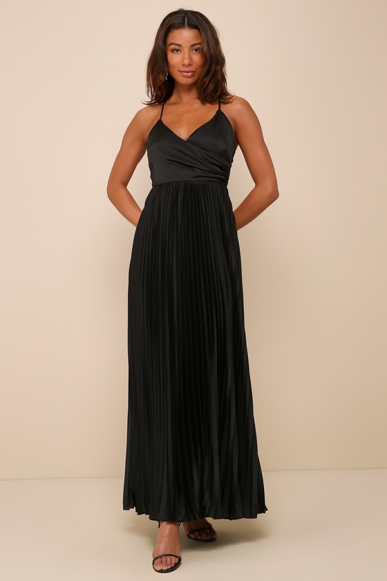 Precious Sentiments Black Satin Pleated Tie-Back Maxi Dress 1