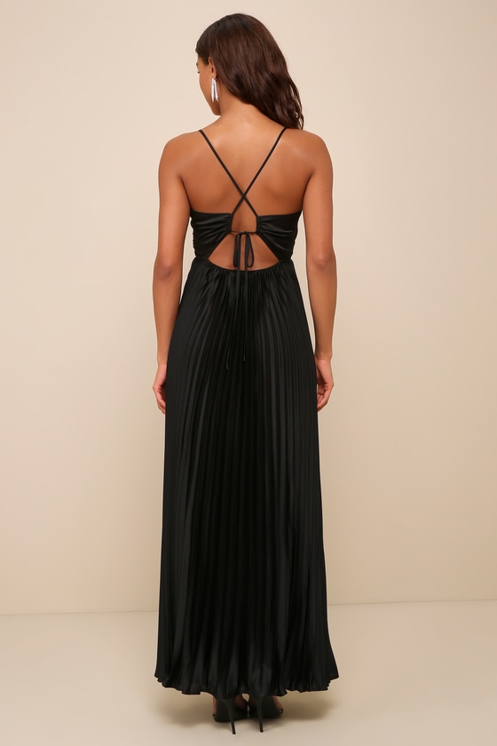 Precious Sentiments Black Satin Pleated Tie-Back Maxi Dress 4