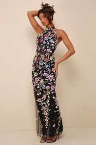 Infinite Praise Black 3D Floral Embroidered Halter Maxi Dress 1
