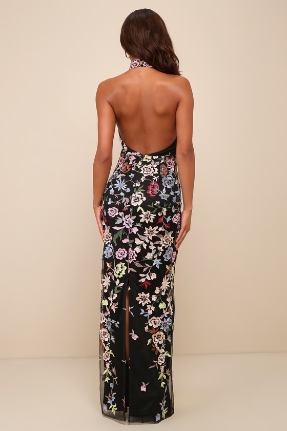 Lulus Infinite Praise Black 3d Floral Embroidered Halter Maxi Dress In Black