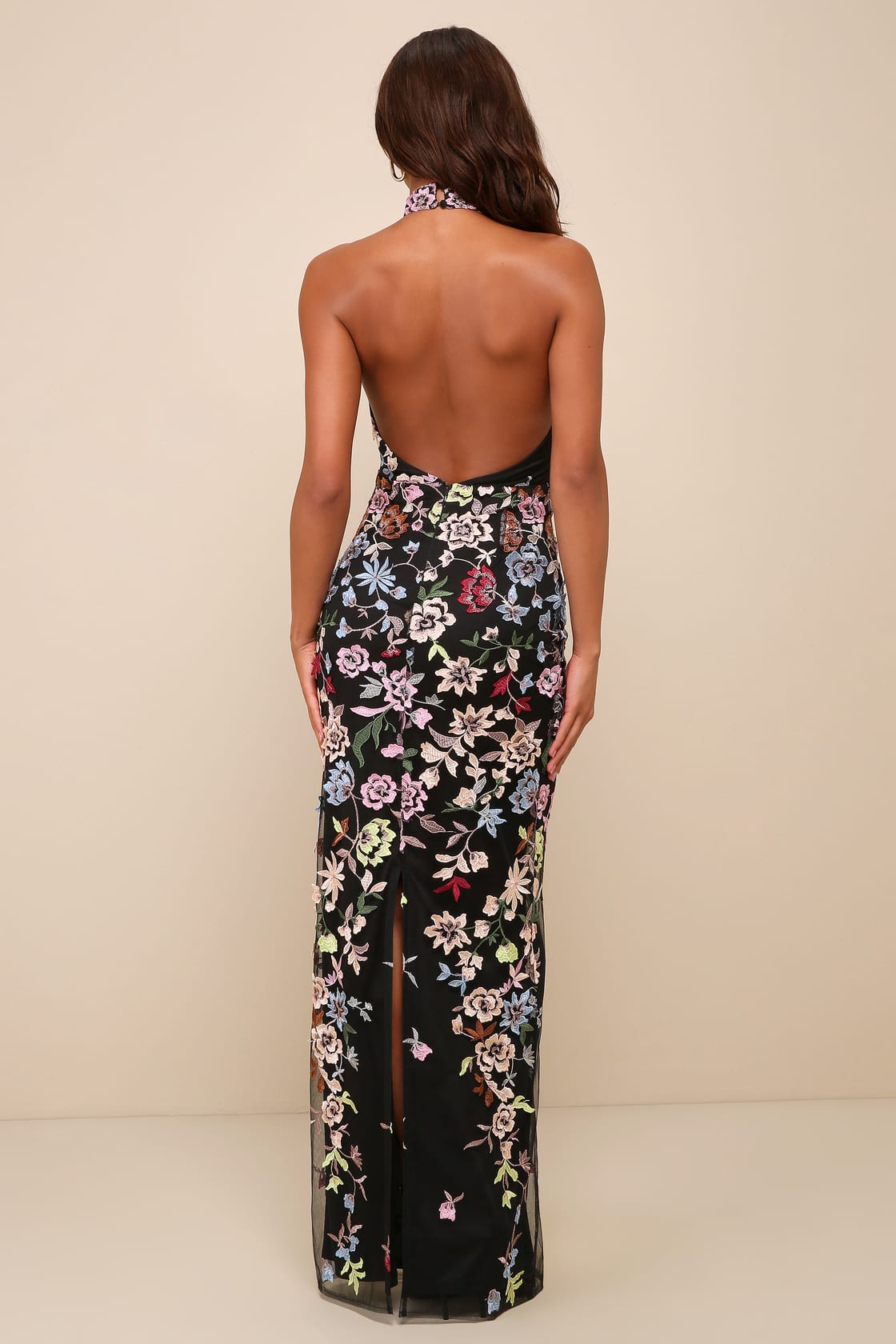 Infinite Praise Black 3D Floral Embroidered Halter Maxi Dress