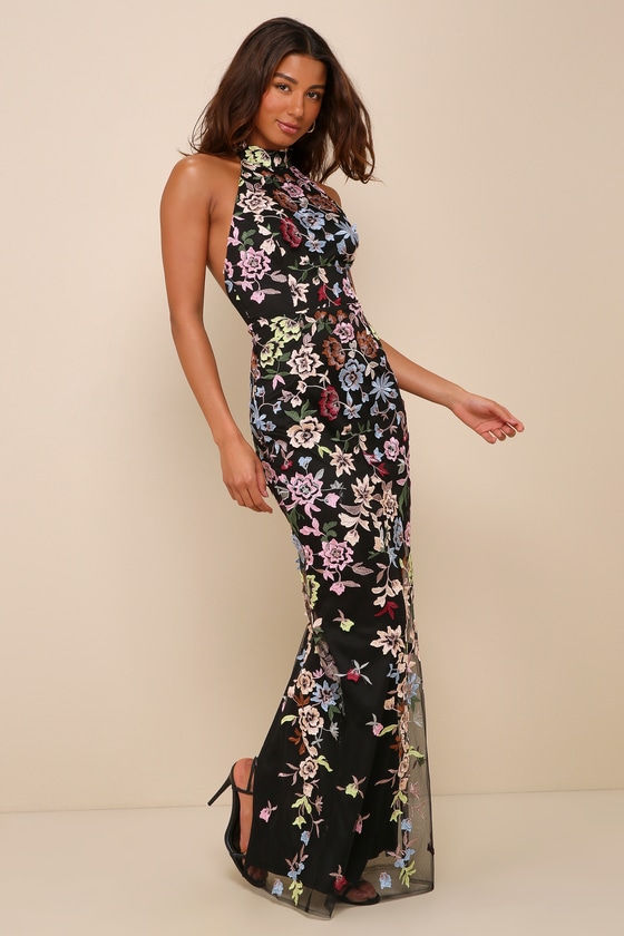 Lulus Infinite Praise Black 3d Floral Embroidered Halter Maxi Dress In Black