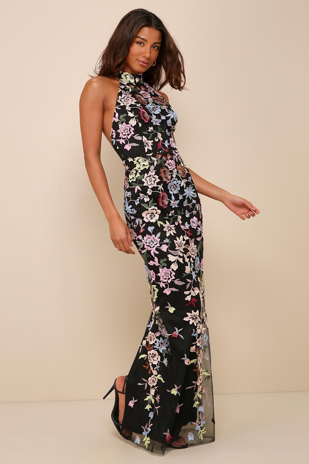 Infinite Praise Black 3D Floral Embroidered Halter Maxi Dress