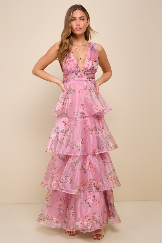 Lulus Garden Radiance Pink Floral Print Organza Tiered Maxi Dress