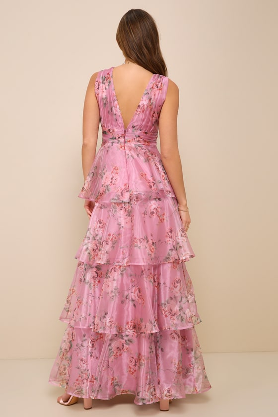 LULUS GARDEN RADIANCE PINK FLORAL PRINT ORGANZA TIERED MAXI DRESS