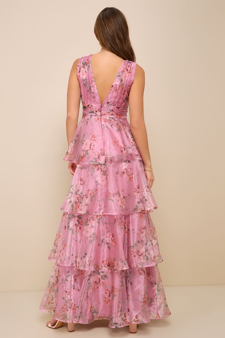 Garden Radiance Pink Floral Print Organza Tiered Maxi Dress