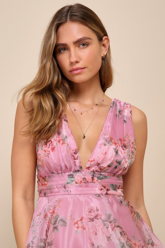 LULUS GARDEN RADIANCE PINK FLORAL PRINT ORGANZA TIERED MAXI DRESS