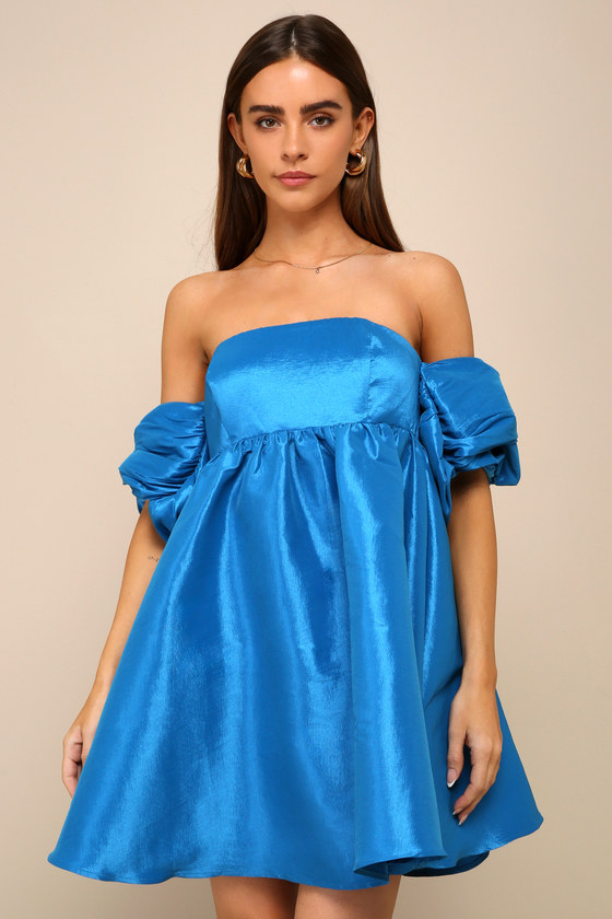 Shop Lulus Sweet Vision Blue Taffeta Off-the-shoulder Babydoll Mini Dress