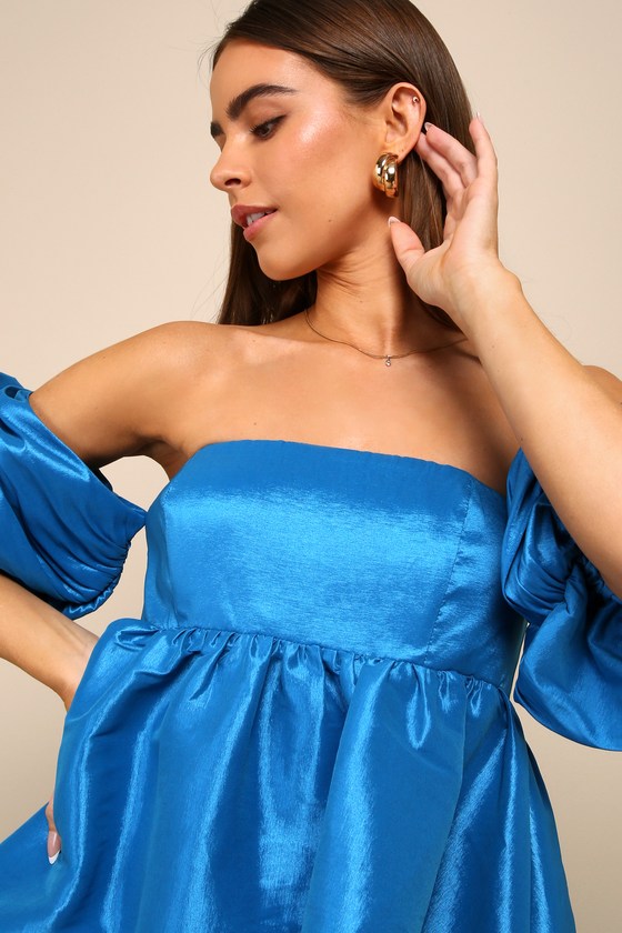 Shop Lulus Sweet Vision Blue Taffeta Off-the-shoulder Babydoll Mini Dress