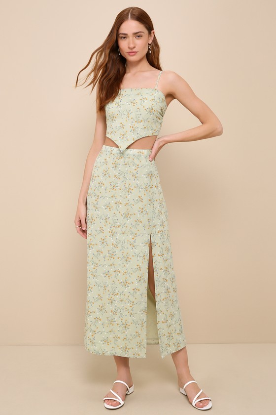 Lulus Perfect Times Sage Green Floral Tie-back Two-piece Midi Dress