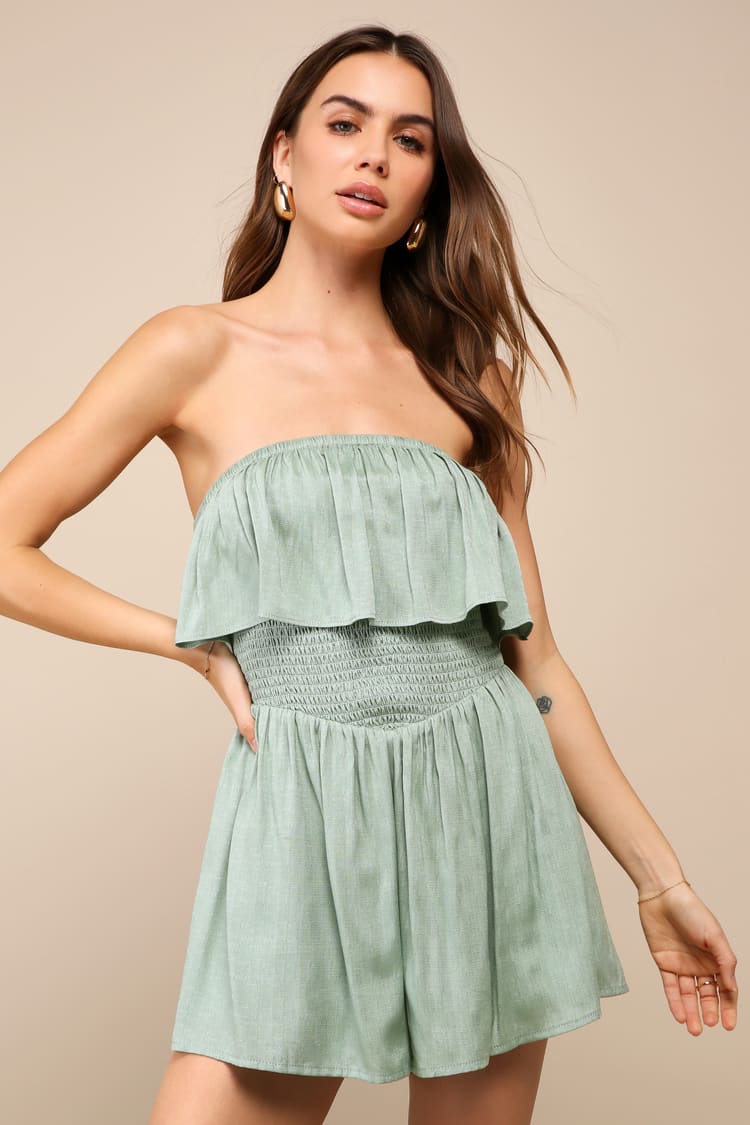 Certainly Sweet Sage Green Linen Smocked Strapless Romper Certainly Sweet Sage Green Linen Smocked Strapless Romper