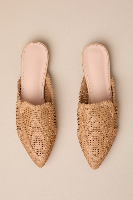 Shop Lulus Damalis Khaki Raffia Woven Pointed-toe Mule Slides In Brown