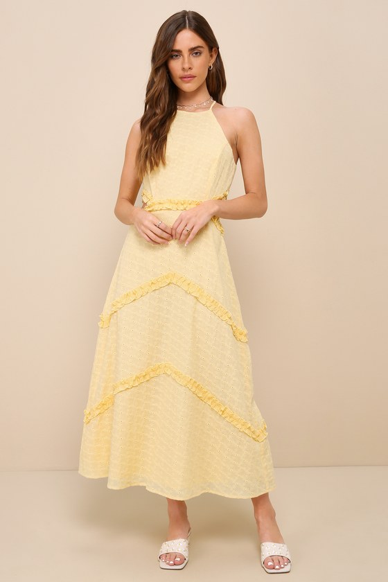 Perfectly Serene Light Yellow Eyelet Ruffled Tie-Back Midi Dress 2