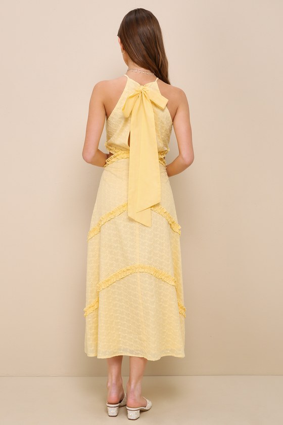 Lulus Perfectly Serene Light Yellow Eyelet Ruffled Tie-back Midi Dress In Light Yellow
