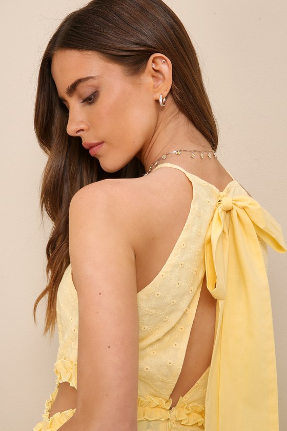 Lulus Perfectly Serene Light Yellow Eyelet Ruffled Tie-back Midi Dress In Light Yellow
