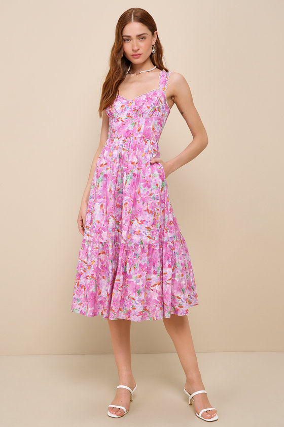 Pink Floral Dress - Bustier Dress - Midi Dress With Pockets