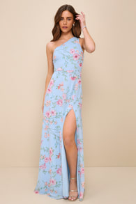 Elegant Admiration Light Blue Floral One-Shoulder Maxi Dress