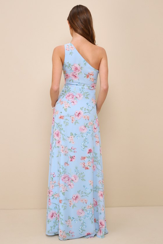 Lulus Elegant Admiration Light Blue Floral One-shoulder Maxi Dress In Light Blue