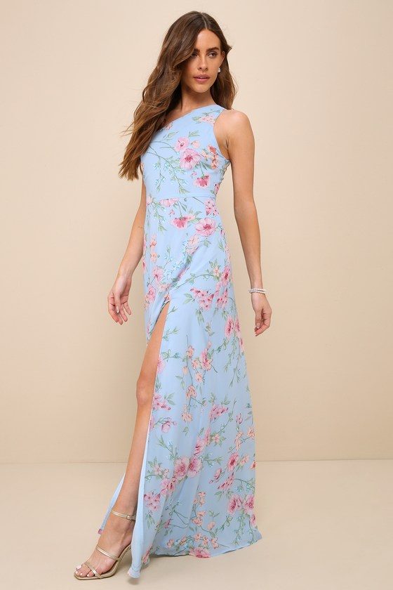 Shop Lulus Elegant Admiration Light Blue Floral One-shoulder Maxi Dress
