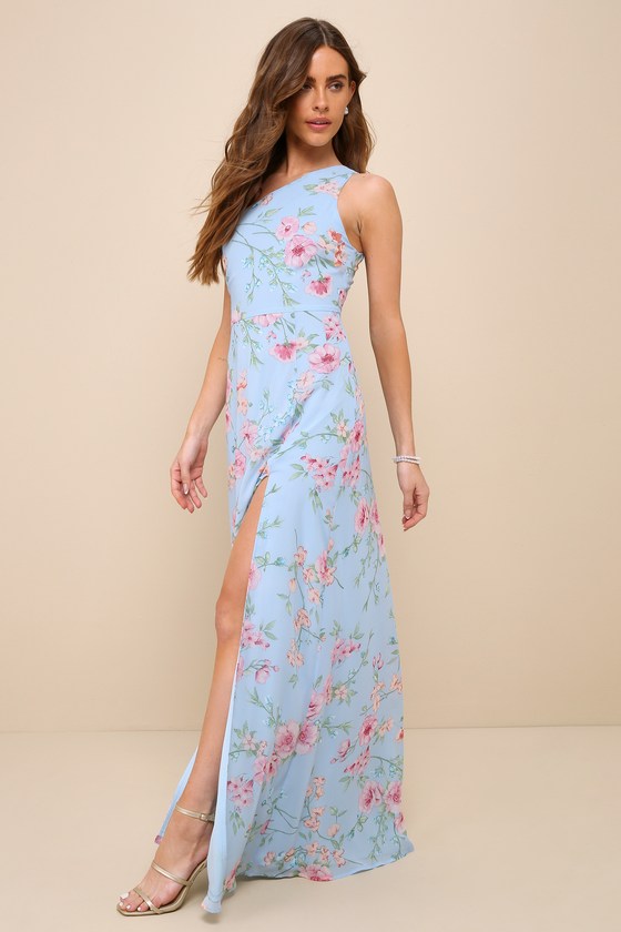 Lulus Elegant Admiration Light Blue Floral One-shoulder Maxi Dress In Light Blue
