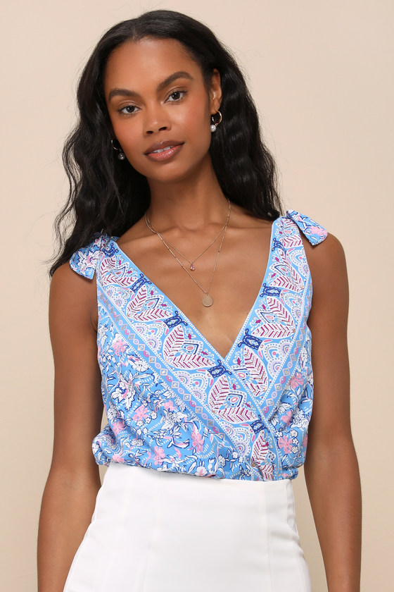 Shop Lulus Always Blossoming Blue Multi Floral Print Tie-strap Bodysuit