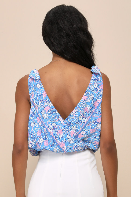 Lulus Always Blossoming Blue Multi Floral Print Tie-strap Bodysuit In Blue