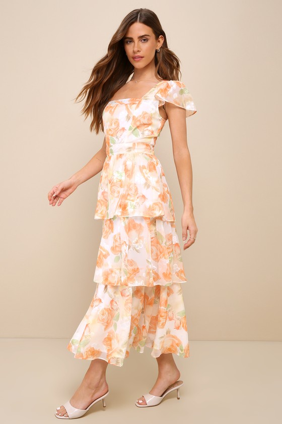 White and Orange Dress - Floral Burnout Dress - Tiered Midi Dress - Lulus