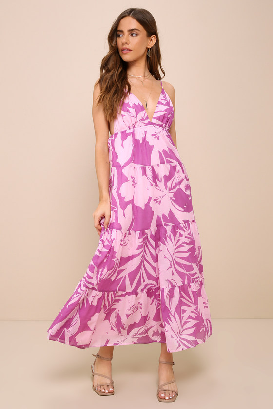 Pink Tropical Floral Print Plus Dress