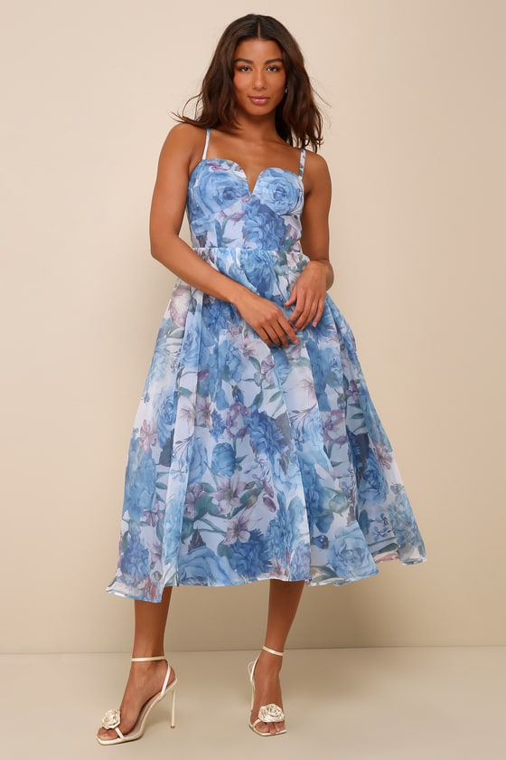 Blue Multi Floral Dress - Organza Midi Dress - Bustier Midi Dress - Lulus