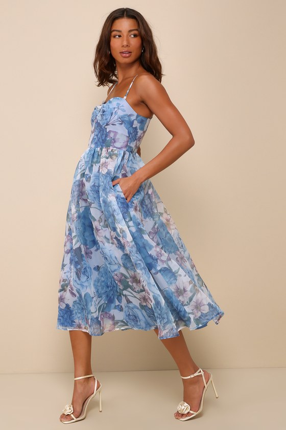 Blue Multi Floral Dress - Organza Midi Dress - Bustier Midi Dress - Lulus