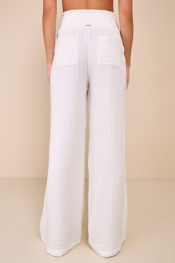 Shop Billabong New Waves White Cotton Smocked Wide-leg Pants
