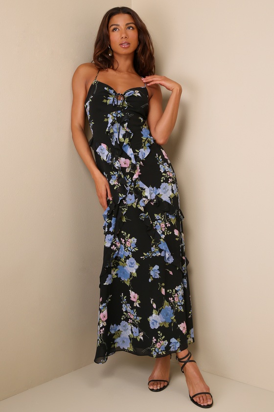 Adoring Essence Black Floral Ruffled Lace-Up Backless Maxi Dress 4