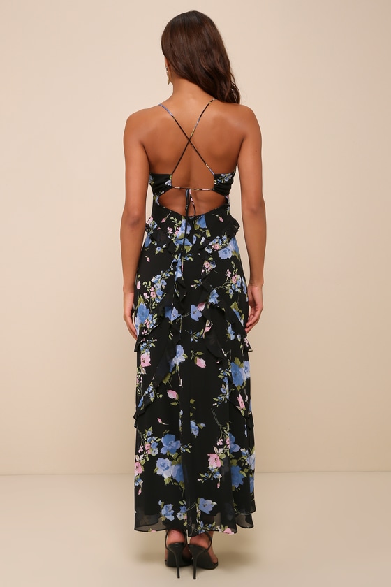 Black Floral Dress - Ruffled Dress - Lace-Up Backless Maxi Dress - Lulus