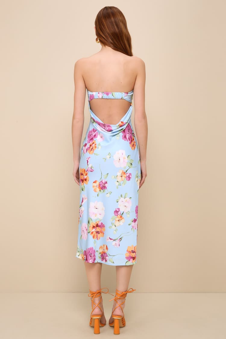 Sophisticated Design Light Blue Floral Strapless Midi Dress