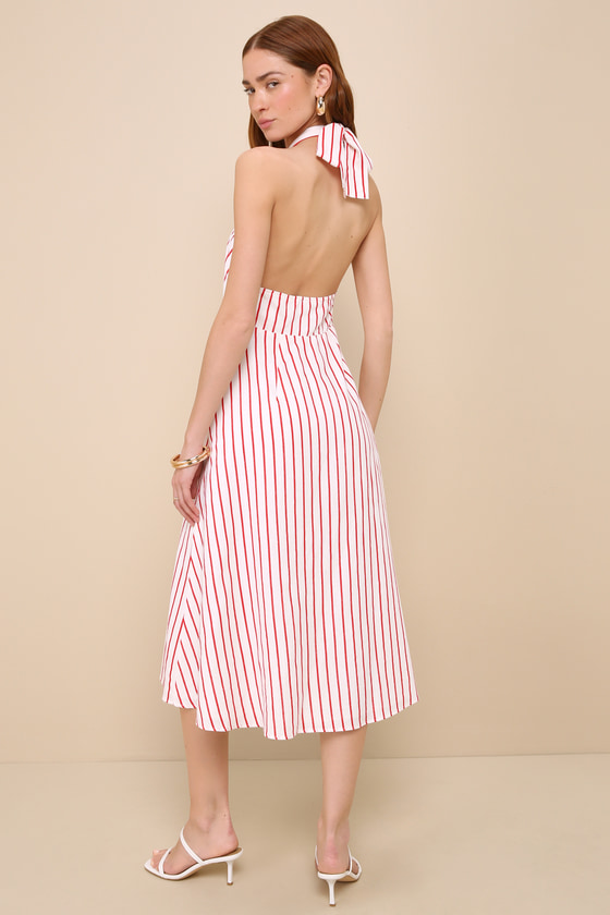 Sicily Summer White and Red Striped Cutout Halter Midi Dress 4
