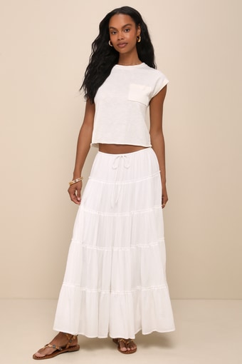 Relaxed Charm White Gauzy Tiered Drawstring Maxi Skirt 1