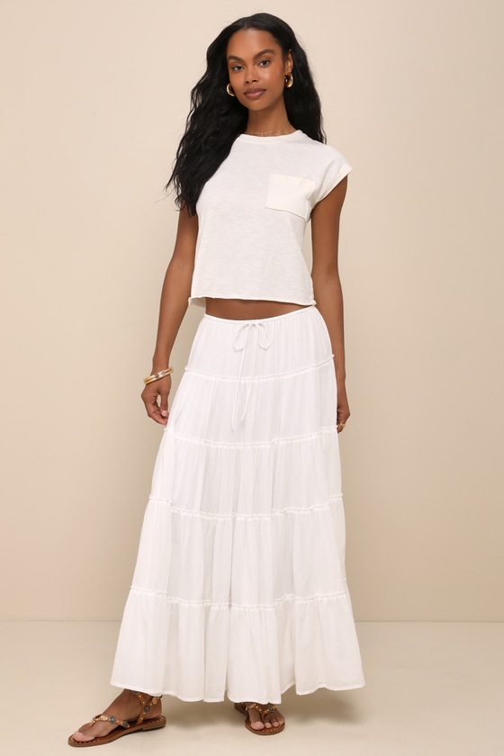 Relaxed Charm White Gauzy Tiered Drawstring Maxi Skirt 1