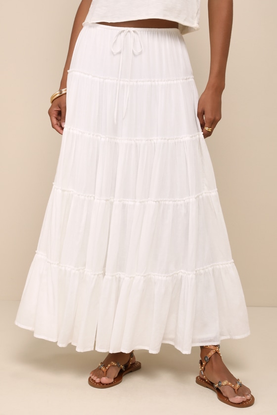 LULUS RELAXED CHARM WHITE GAUZY TIERED DRAWSTRING MAXI SKIRT