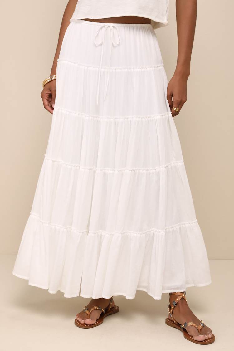 Relaxed Charm White Gauzy Tiered Drawstring Maxi Skirt