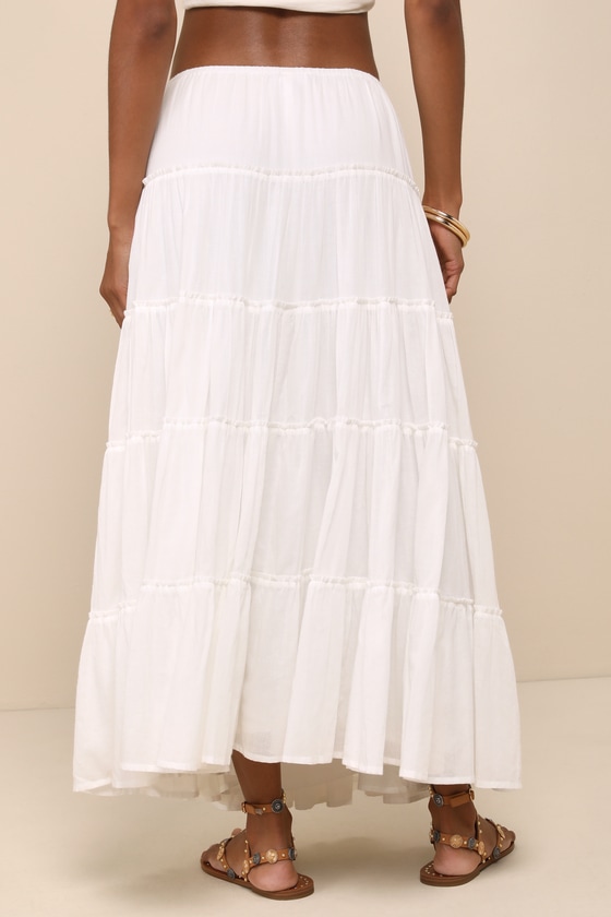 LULUS RELAXED CHARM WHITE GAUZY TIERED DRAWSTRING MAXI SKIRT