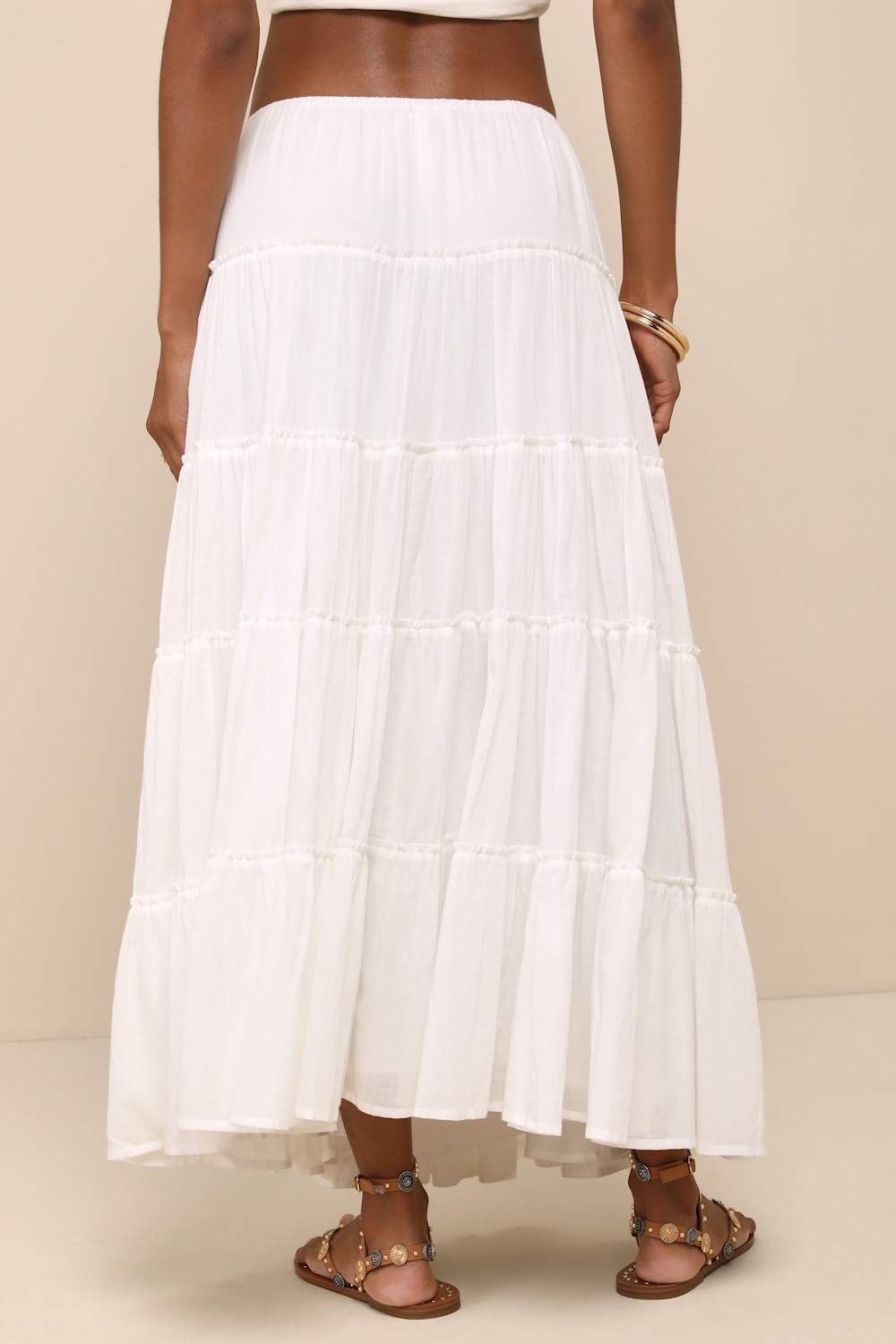 Relaxed Charm White Gauzy Tiered Drawstring Maxi Skirt