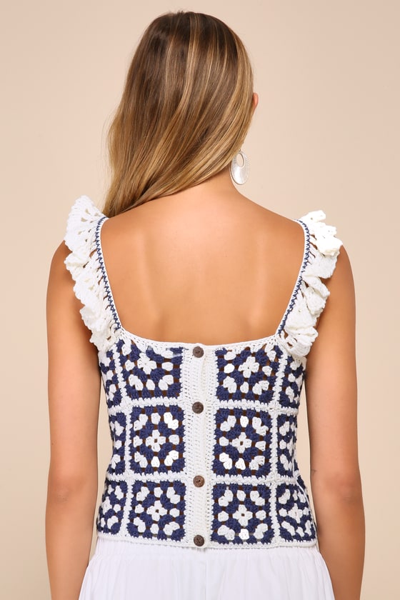 Oh-So Sunny Ivory and Blue Ruffled Crochet Sleeveless Top 3