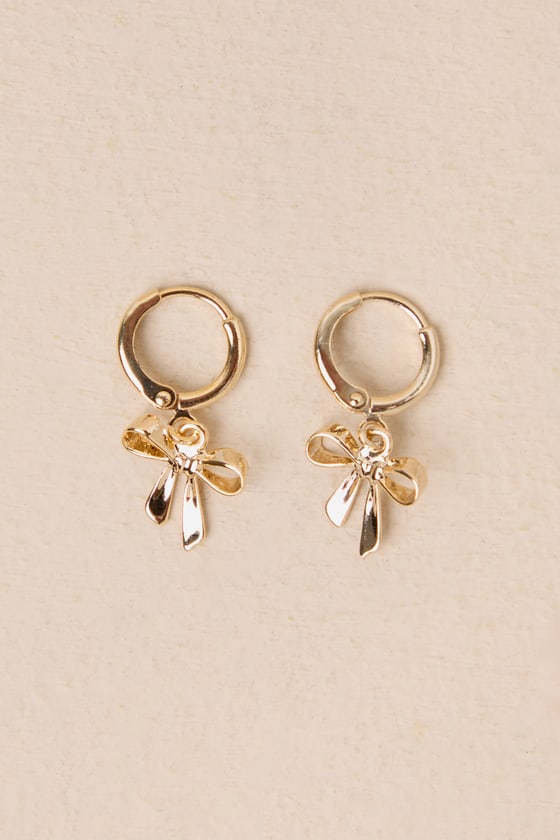 Shop Lulus Cutest Touch Gold Bow Charm Huggie Hoop Earrings