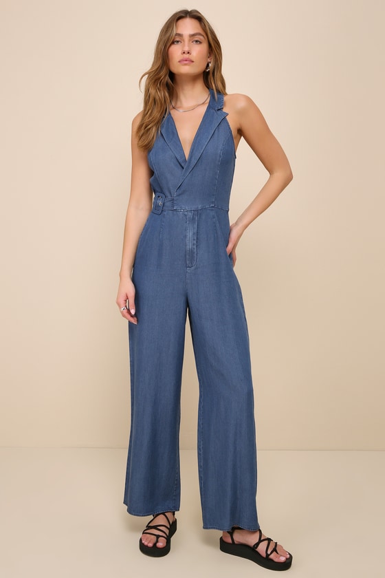 Shop Lulus Friendly Vibes Dark Wash Chambray Collared Wide-leg Jumpsuit In Blue