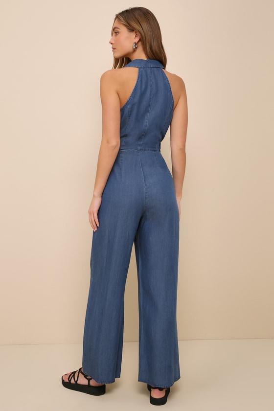 Shop Lulus Friendly Vibes Dark Wash Chambray Collared Wide-leg Jumpsuit In Blue