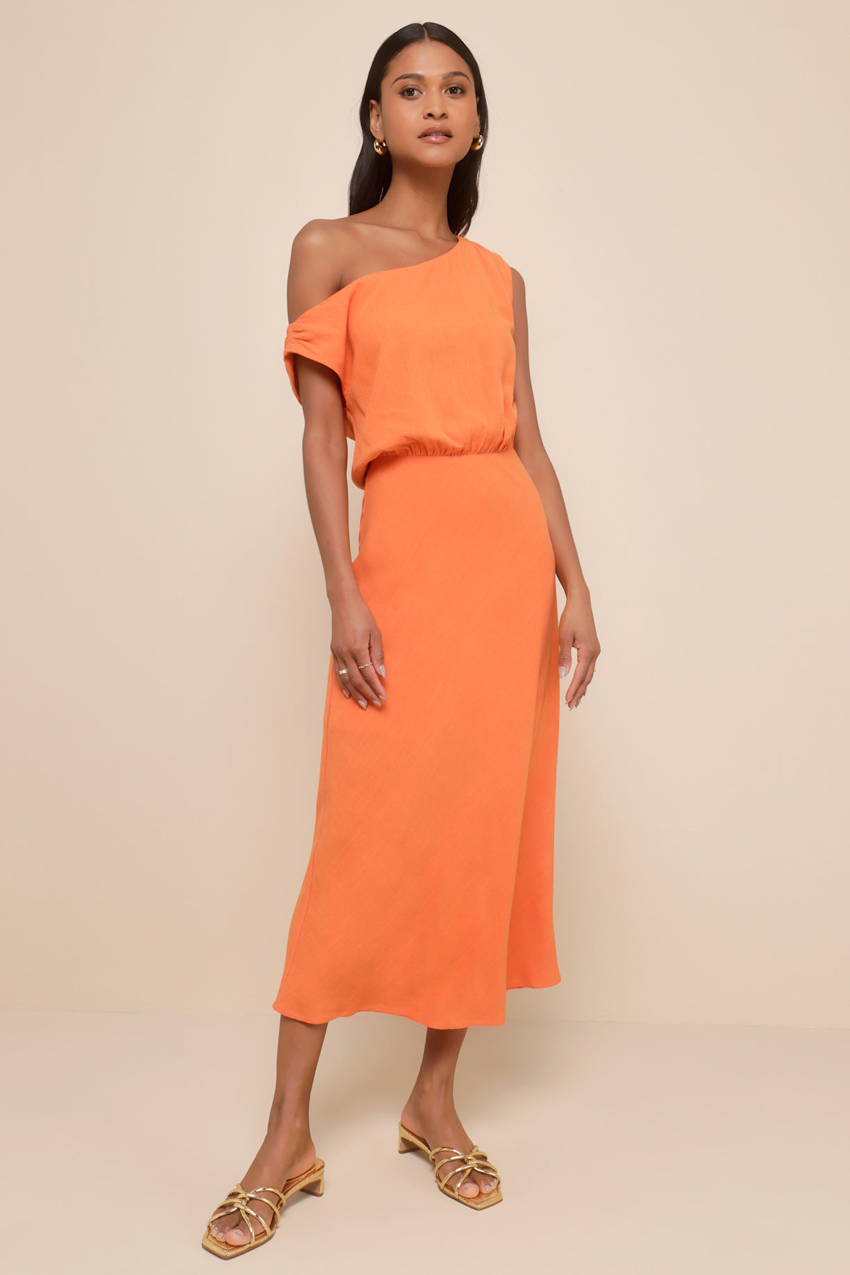 Casual Enchantment Orange Linen Off-the-Shoulder Midi Dress