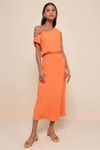 Casual Enchantment Orange Linen Off-the-Shoulder Midi Dress 3