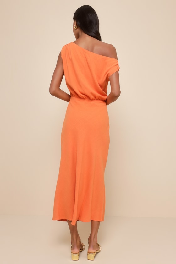 Lulus Casual Enchantment Orange Linen Off-the-shoulder Midi Dress In Orange