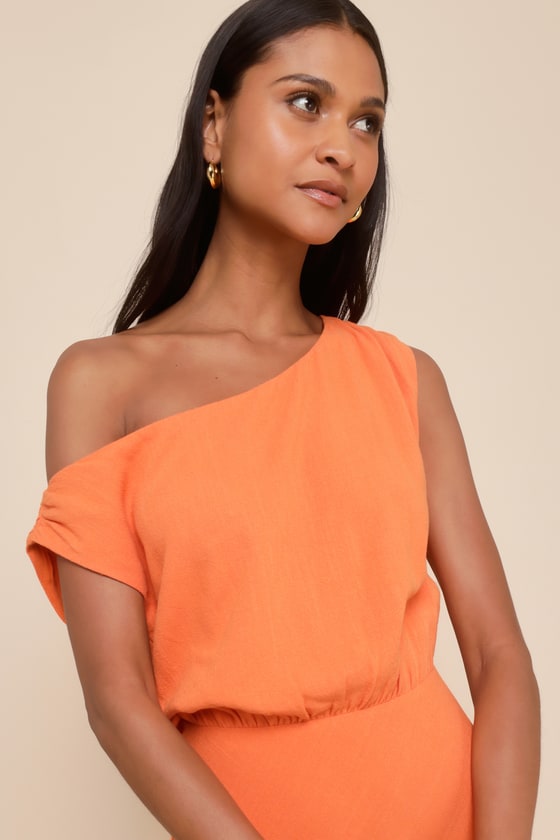 Lulus Casual Enchantment Orange Linen Off-the-shoulder Midi Dress In Orange